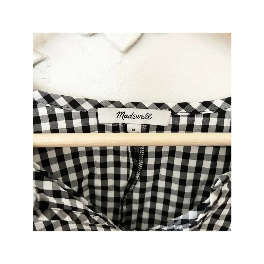 Madewell Black White Balloon Sleeve Tie Waist Smocked Gingham Top Size M